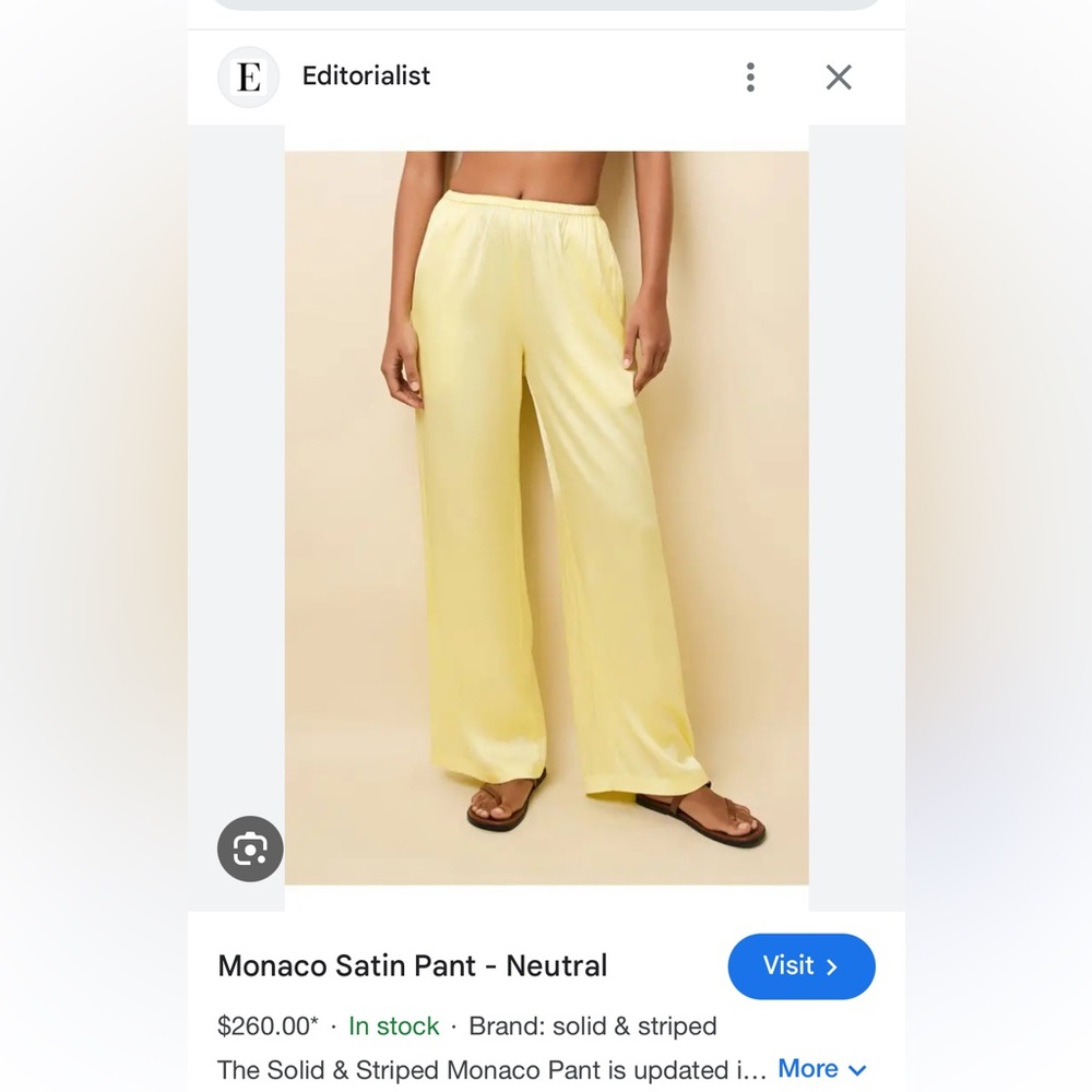 SOLID & STRIPED Light Yellow Satin Wide-Leg Pants